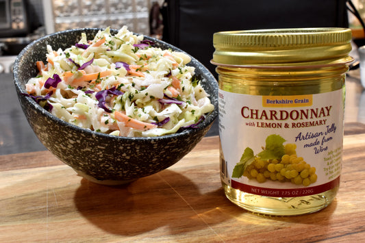 Colorful coleslaw made with chardonnay lemon rosemary wine jelly