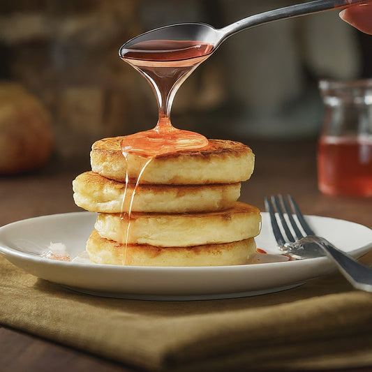 Farmers Cheese Pancakes with Rose' Wine Jelly Syrup