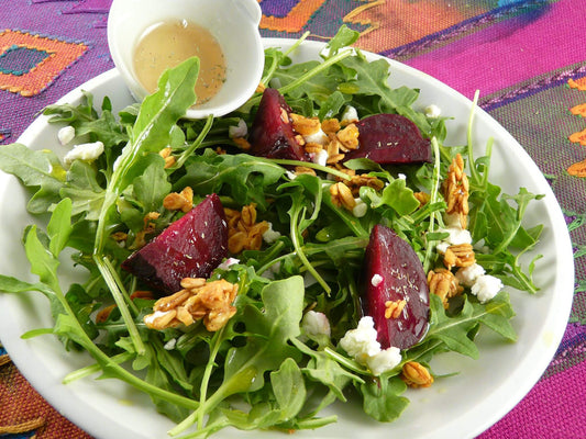 Greens with Roasted Beets and Chardonnay with Lemon & Rosemary Dressing. Wine Jelly by Berkshire Grain. Made in Massachusetts. Wine Jelly.