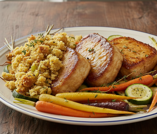 Chardonnay-Glazed 'Turkey' Tofu Cutlets with Cornbread Stuffing and Roasted Carrots