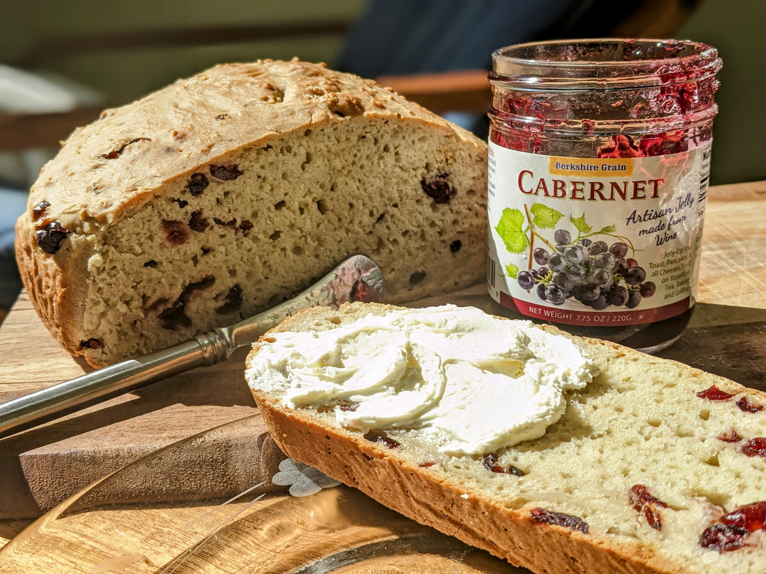 No Knead Irish Soda Bread with Cabernet Wine Jelly and Dried Cranberries